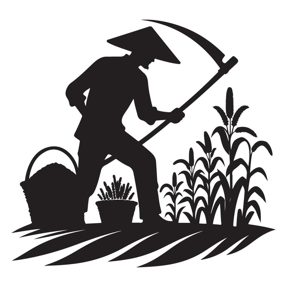 Silhouette Asian Farmer Harvesting Crops With Scythe Traditional Farming vector