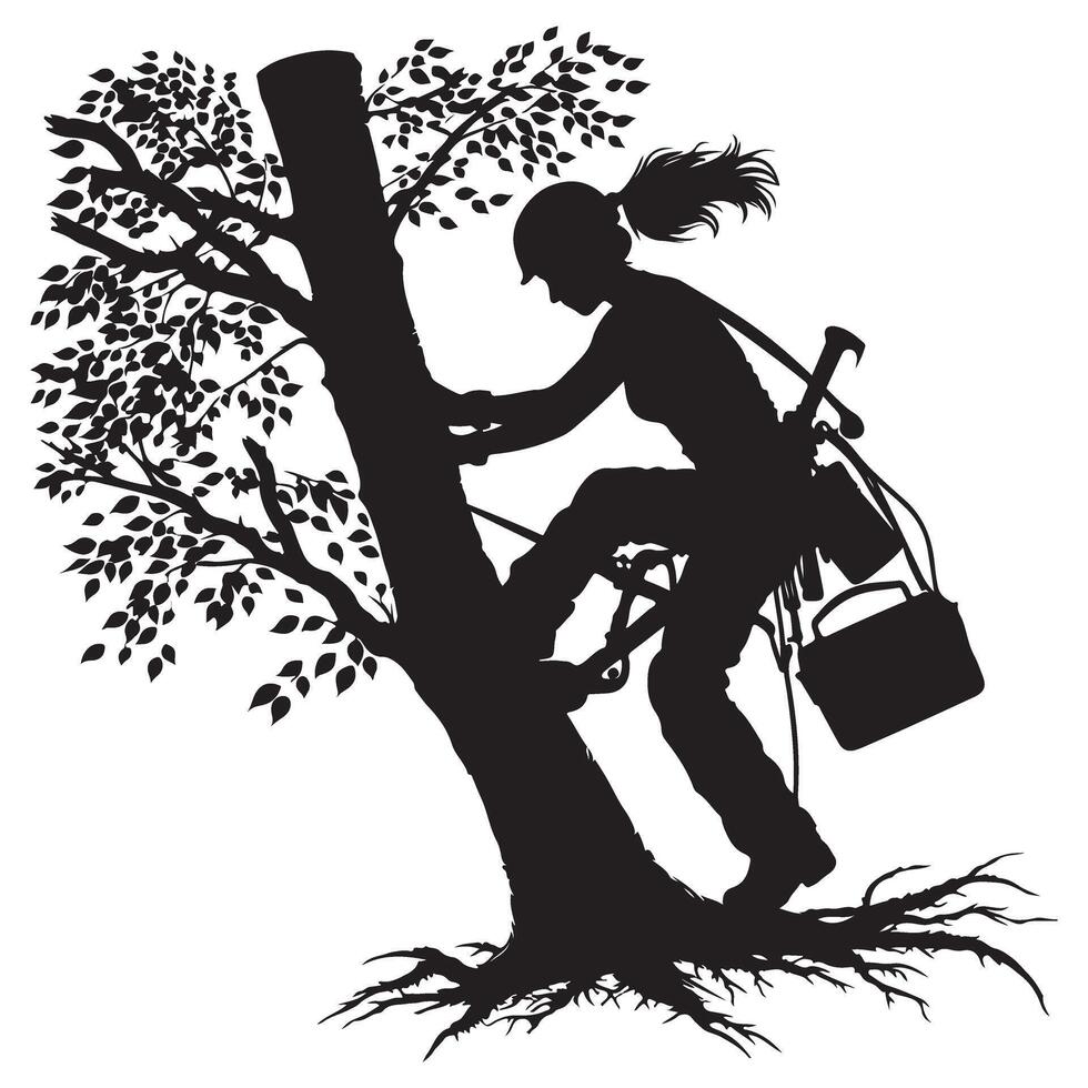 Female Arborist Silhouette Skillfully Climbing a Tall Tree Safely vector