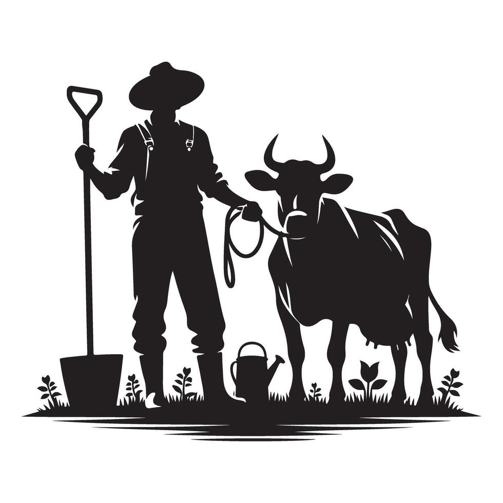 Farmer Silhouette Illustration with Cow Agriculture Concept vector
