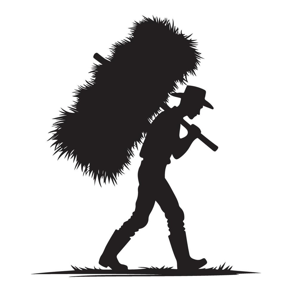 Silhouette Farmer Carrying Hay Bale on Shoulder Agricultural Concept vector