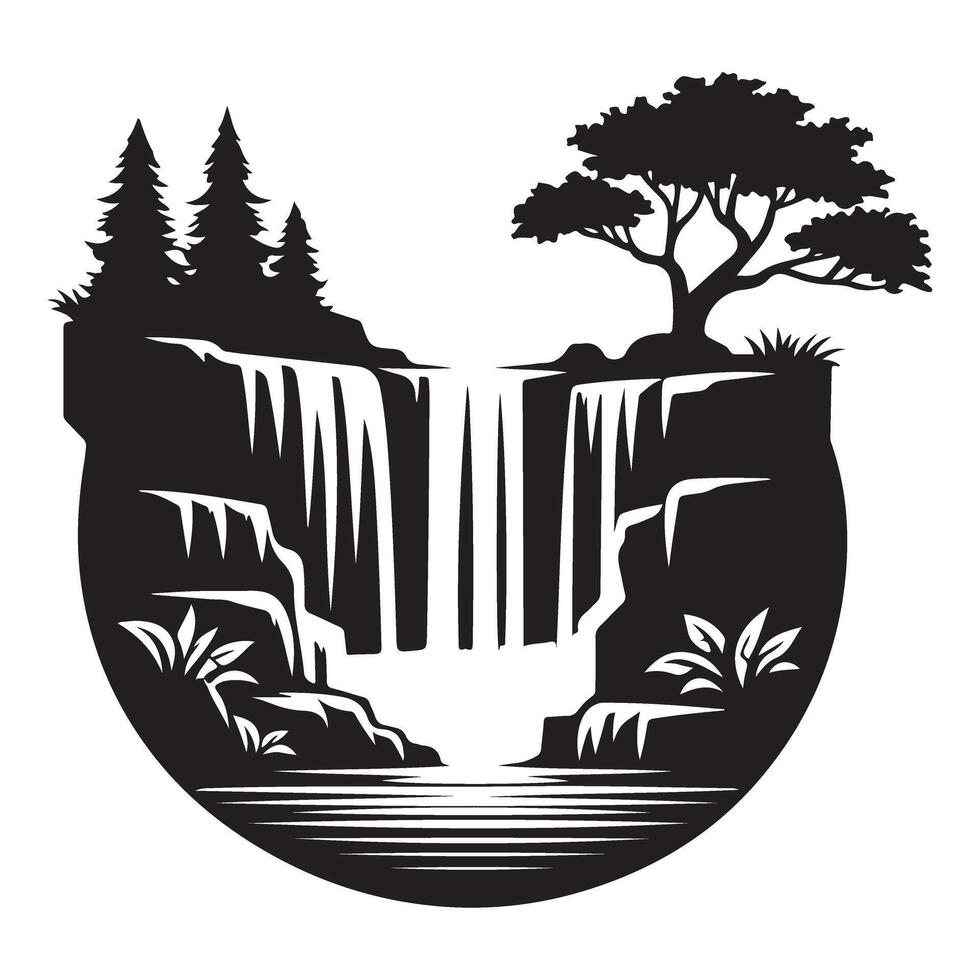 Silhouette Scenic Waterfall Illustration with Lush Greenery Nature's Beauty vector
