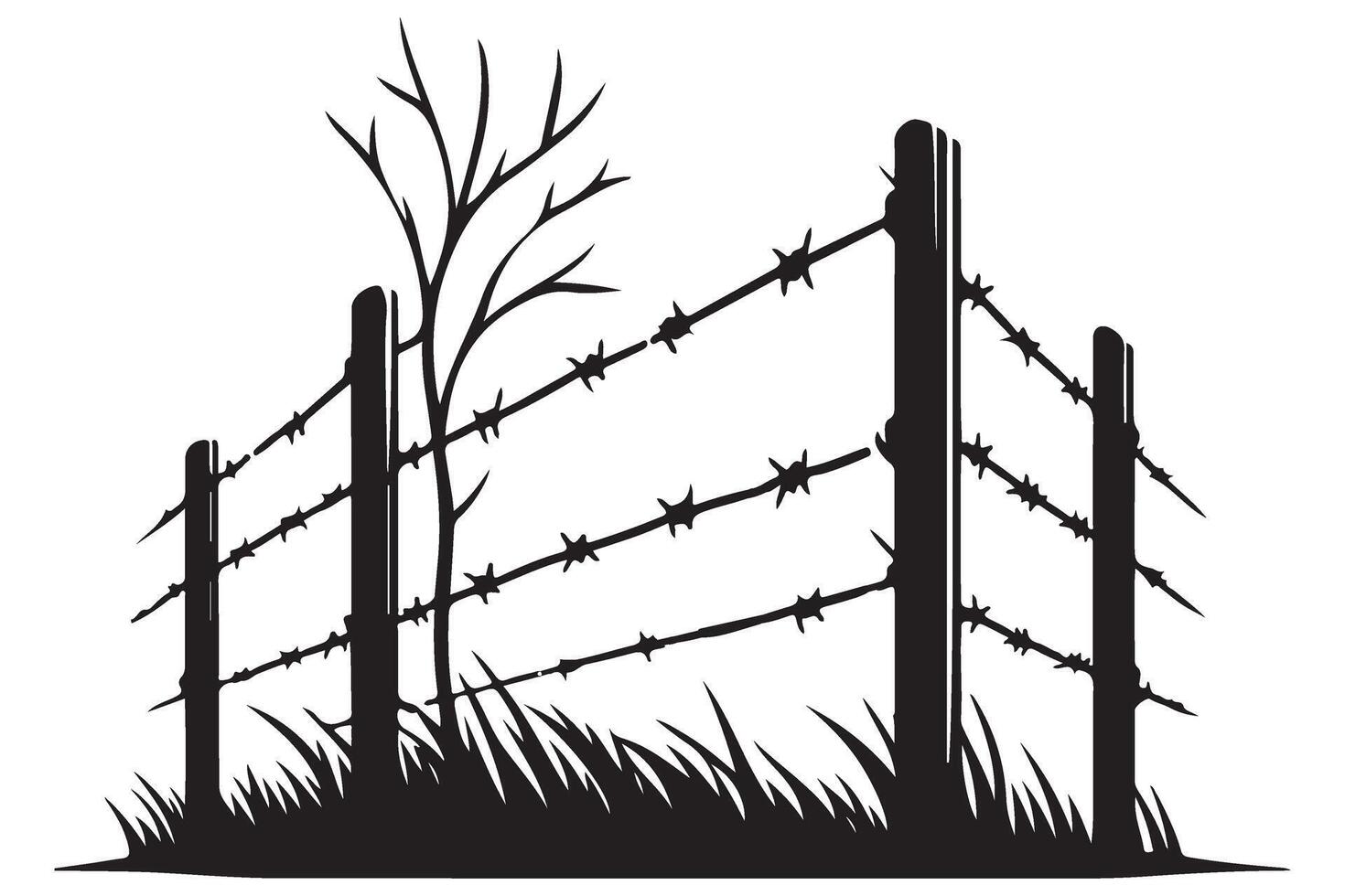 Rustic Barbed Wire Fence Silhouette with Tree Illustration Elements vector