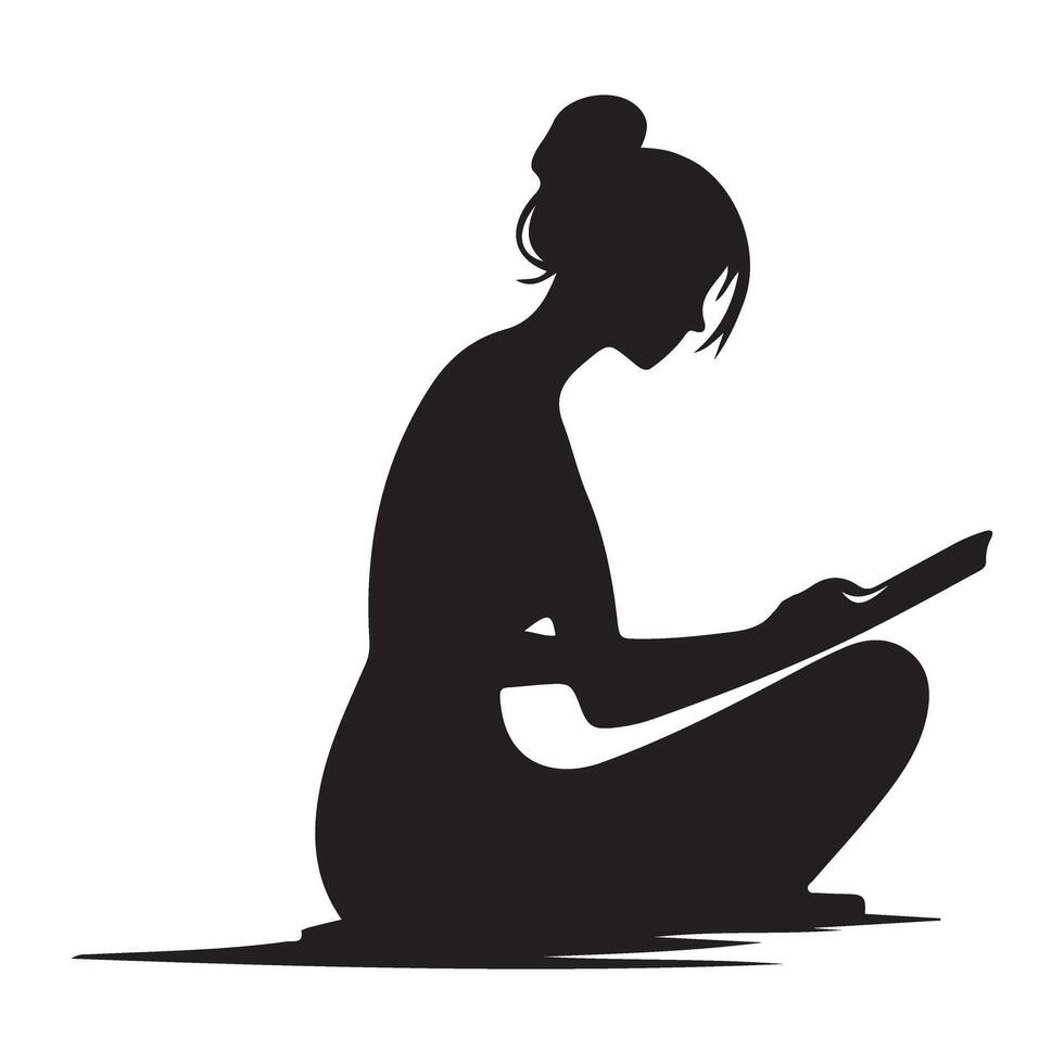 Woman Reading While Sitting on the Floor Silhouette Illustration vector