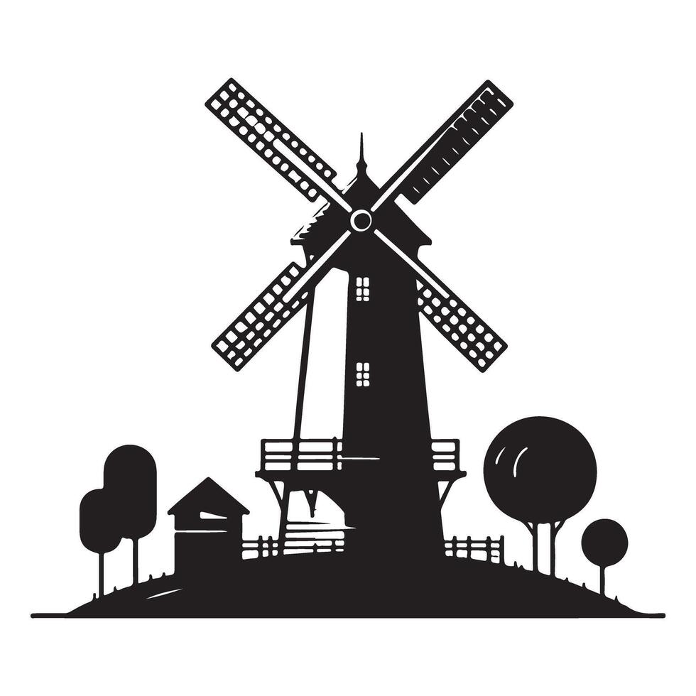 Silhouette Windmill and Farm Illustration Graphic Design Element vector