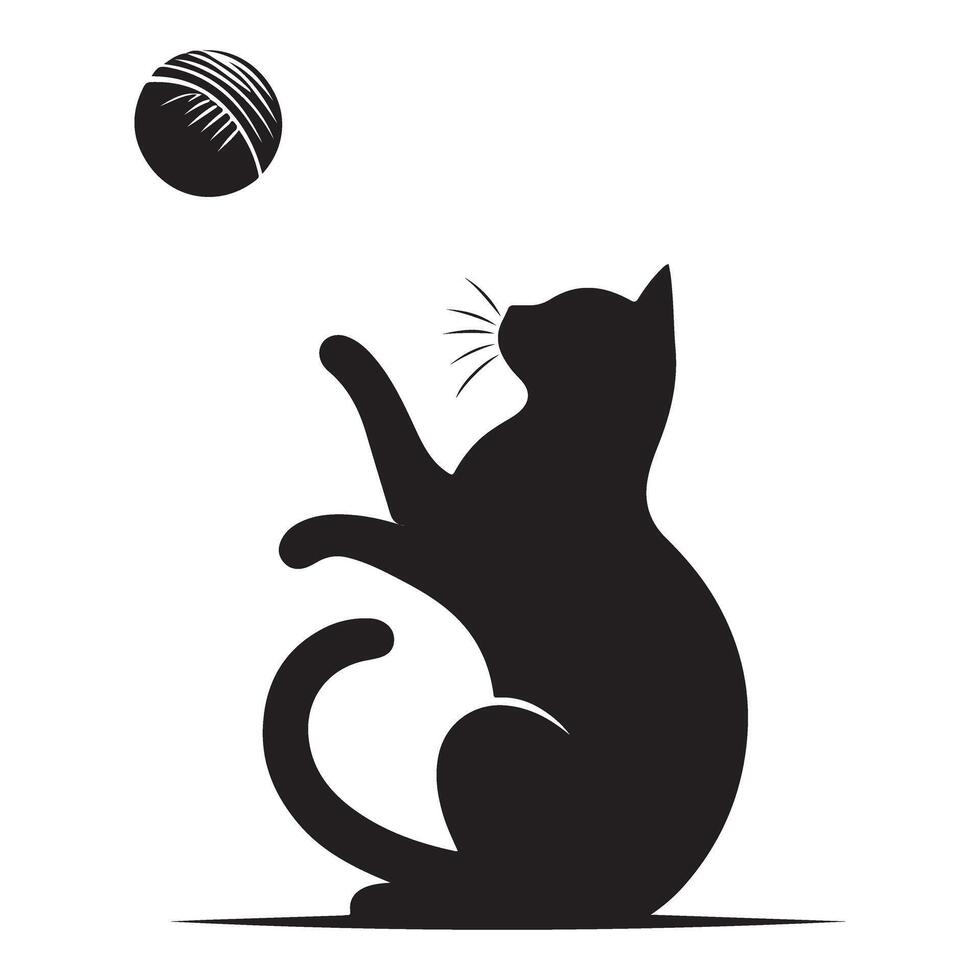 Playful black cat silhouette chasing yarn ball design vector