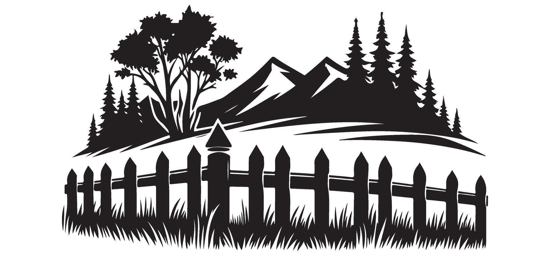 Serene Mountain Landscape Illustration with Fence Tree and Forest vector