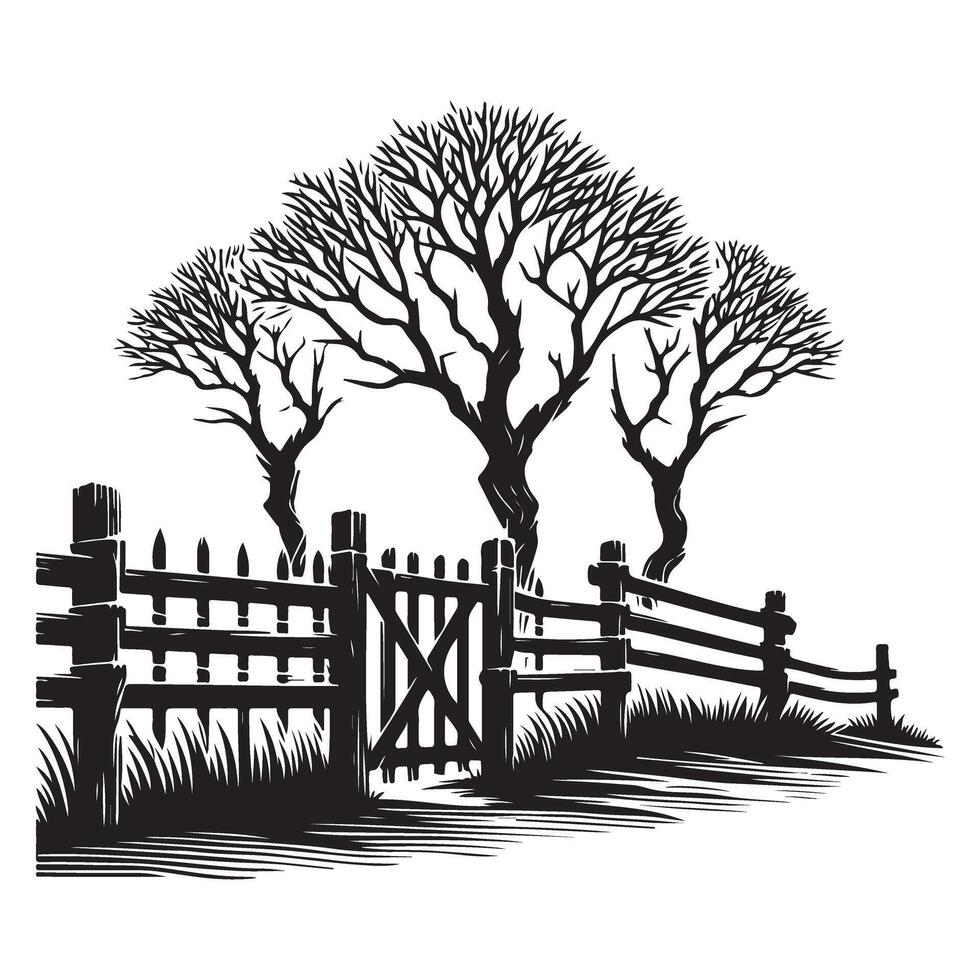 Pastoral winter landscape rustic fence and barren trees illustration silhouette vector