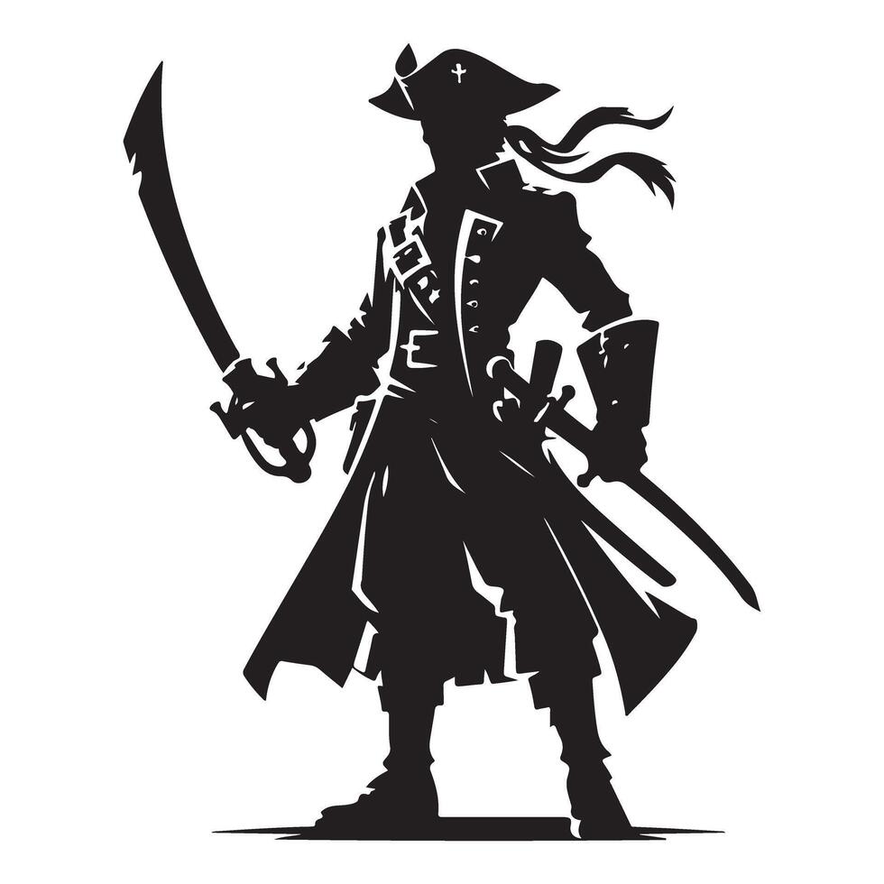 Bold Pirate Captain Silhouette Illustration with Swords and Character vector
