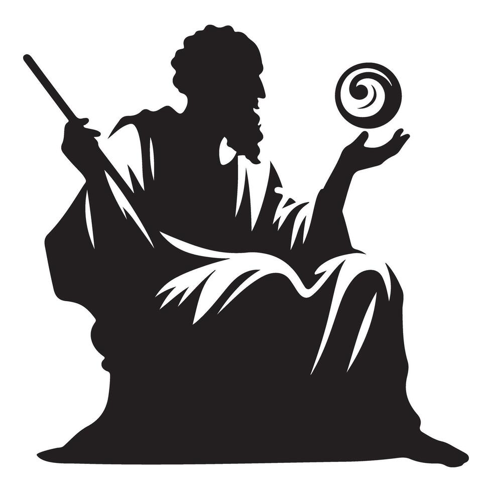 Silhouette Ancient Wizard Holding Orb and Staff Illustration vector