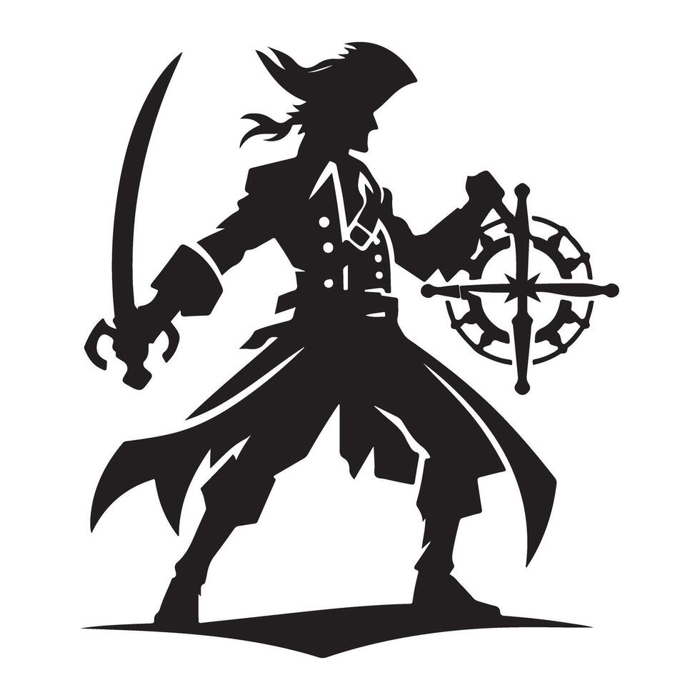 Dynamic Pirate Captain Silhouette Art Holding Sword and Wheel vector