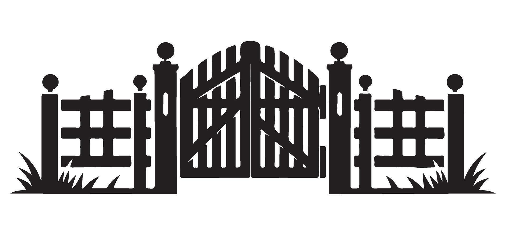 Rustic Wooden Gate Silhouette with Fences and Grass Illustration vector