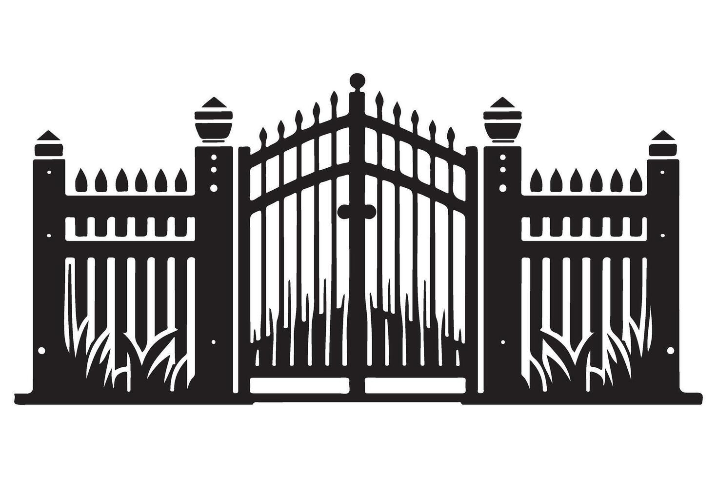 Ornate Iron Gate Silhouette with Fences and Grass Illustration vector