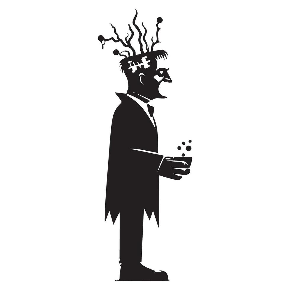 Crazy Frankenstein monster silhouette drinking potion illustration image vector