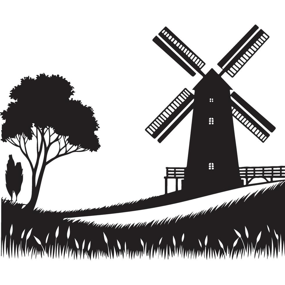 Silhouette Windmill and Tree Illustration Country Farm Landscape vector