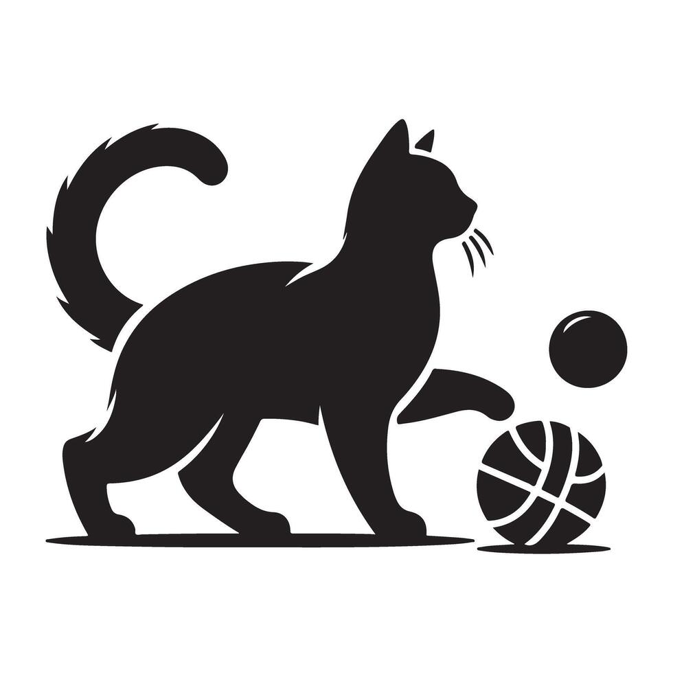 Playful Cat Silhouette Illustration with Playing with Ball vector