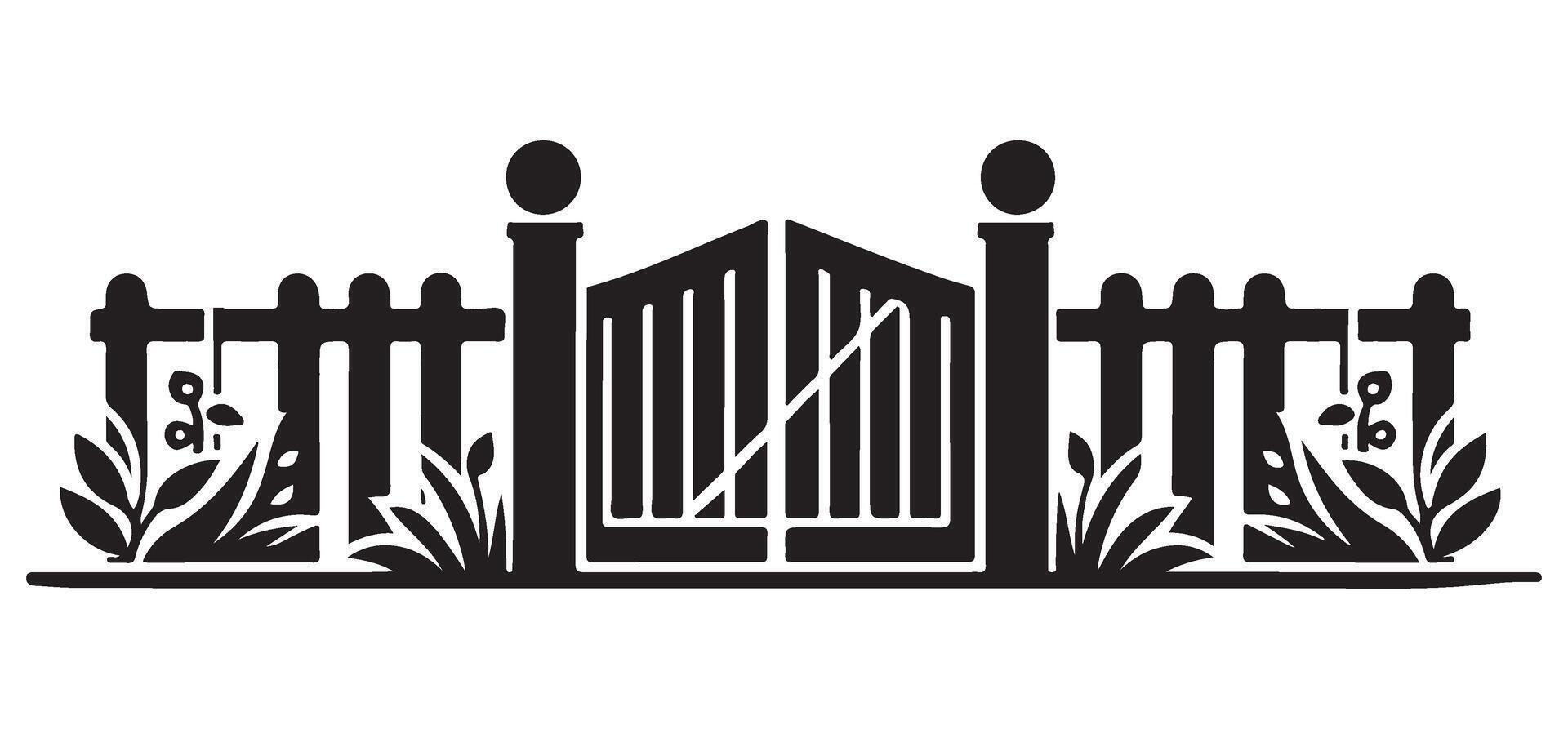 Traditional Picket Gate Silhouette with Fences and Plants Illustration vector