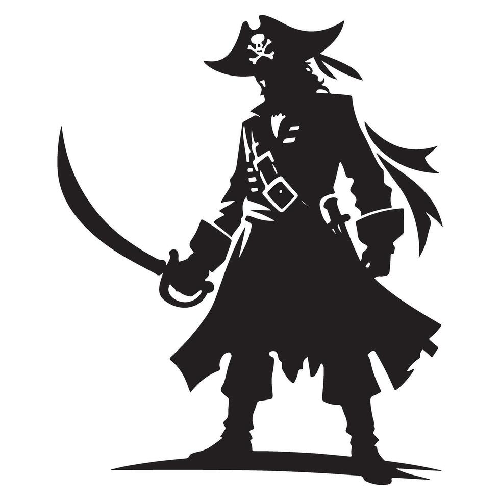 Classic Pirate Silhouette Artwork Standing with Sword Ready for Battle vector