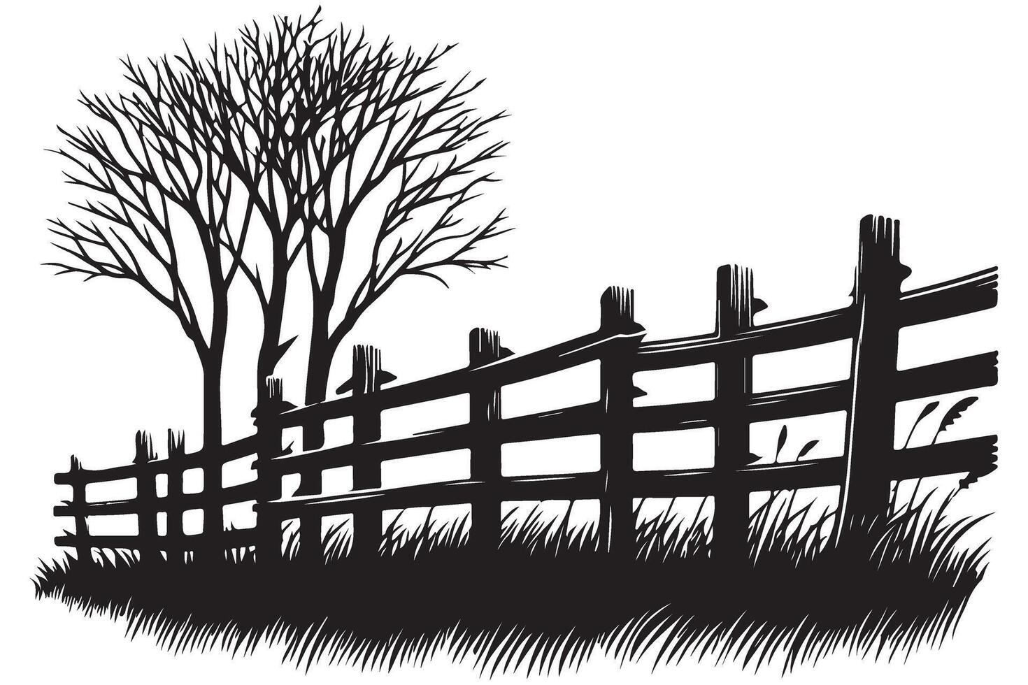 Scenic Wooden Fence Illustration with Tree Silhouette Design Element vector