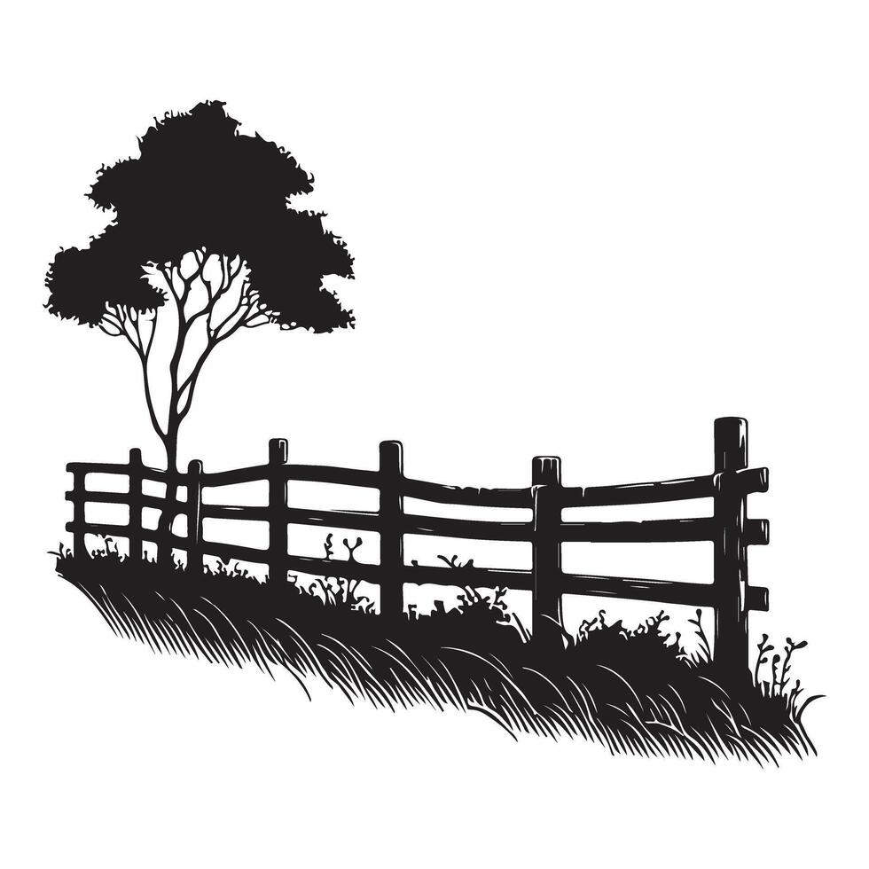 Rustic Wooden Fence Illustration with Tree Silhouette Countryside Design vector