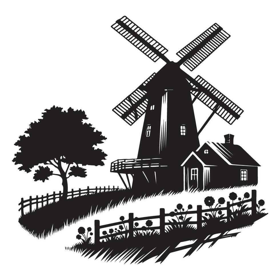 Charming Countryside Illustration with Windmill House Tree and Fence Art vector