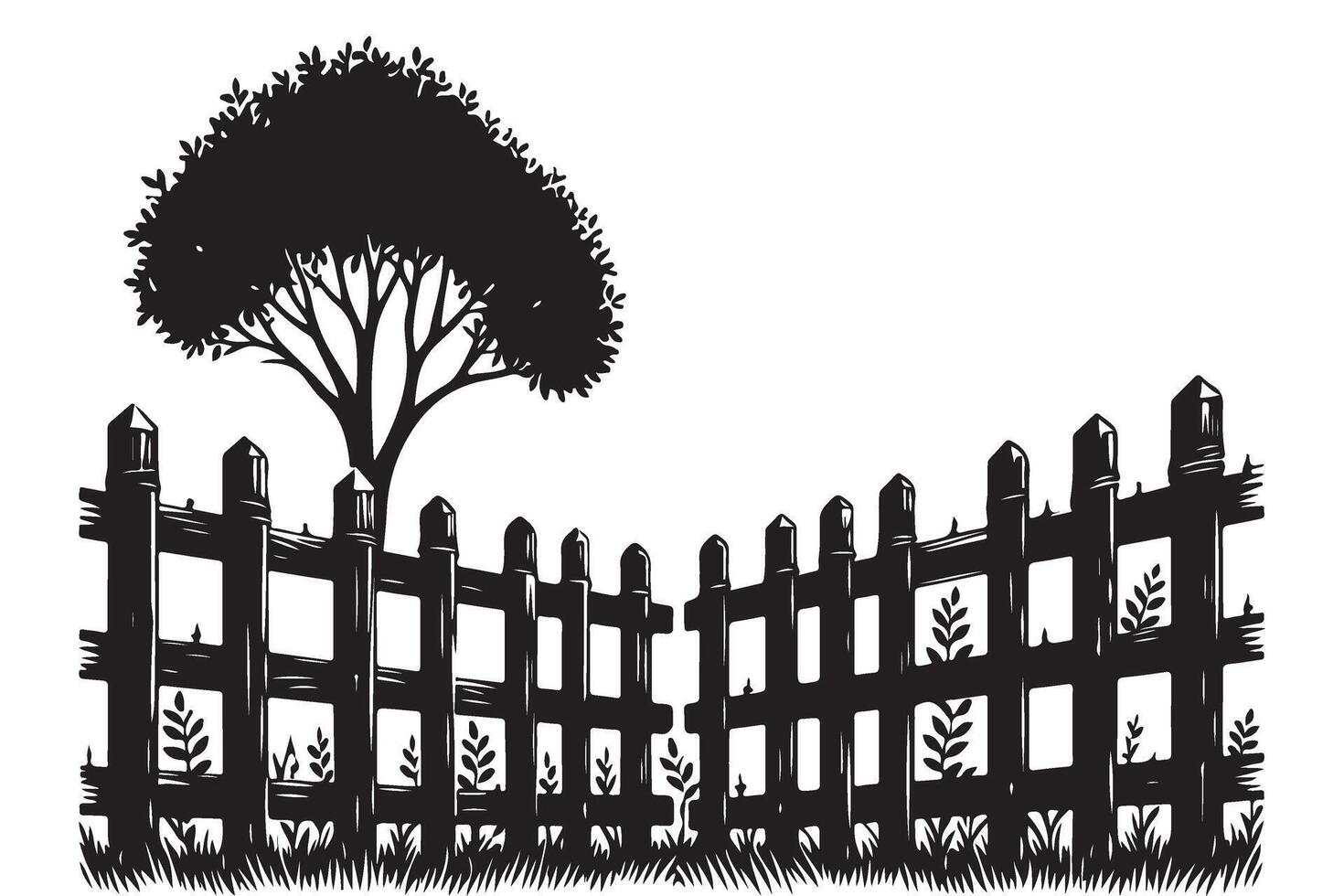 Enchanting garden illustration of rustic fence and lush tree silhouette vector