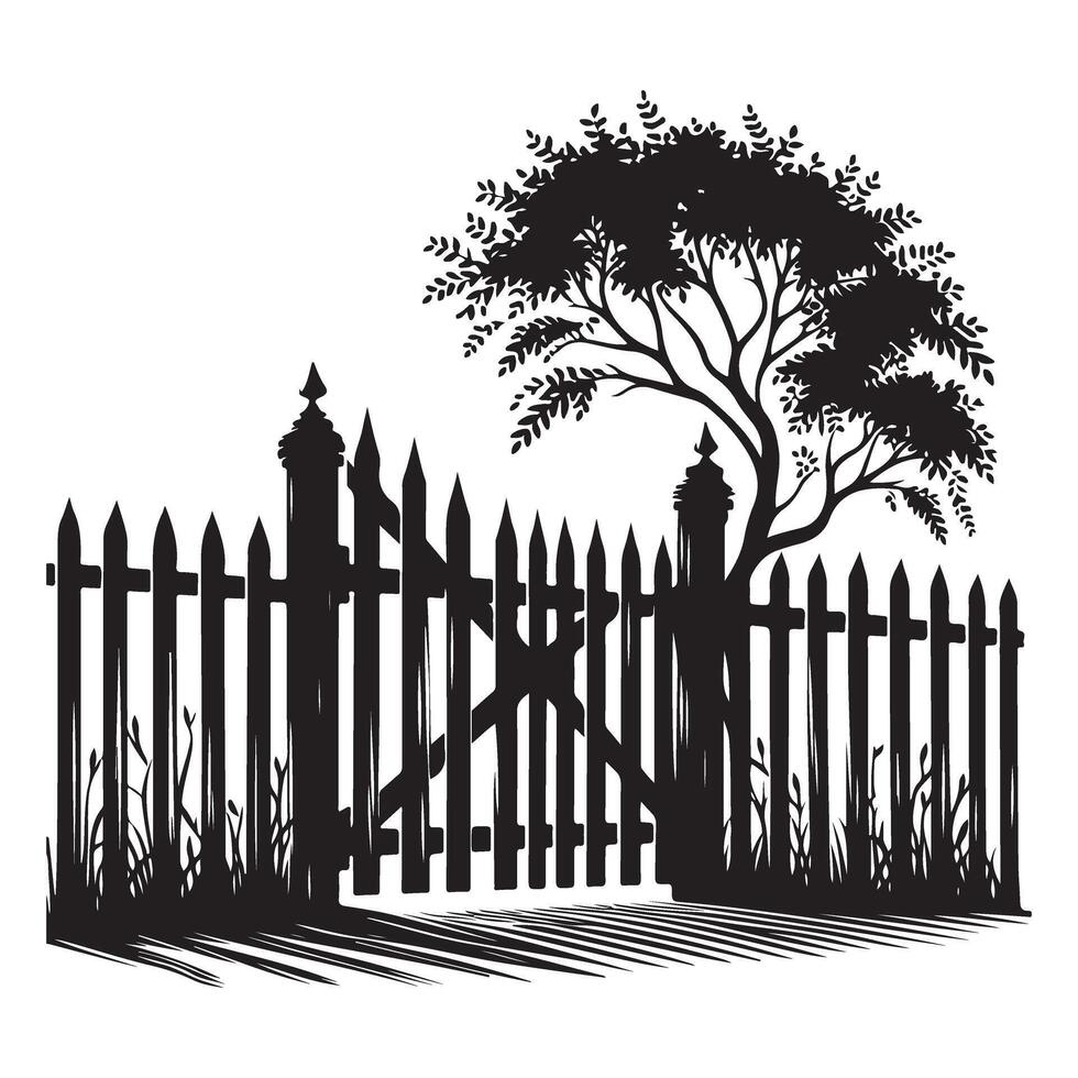Charming garden gateway illustration with picket fence and tree silhouette vector
