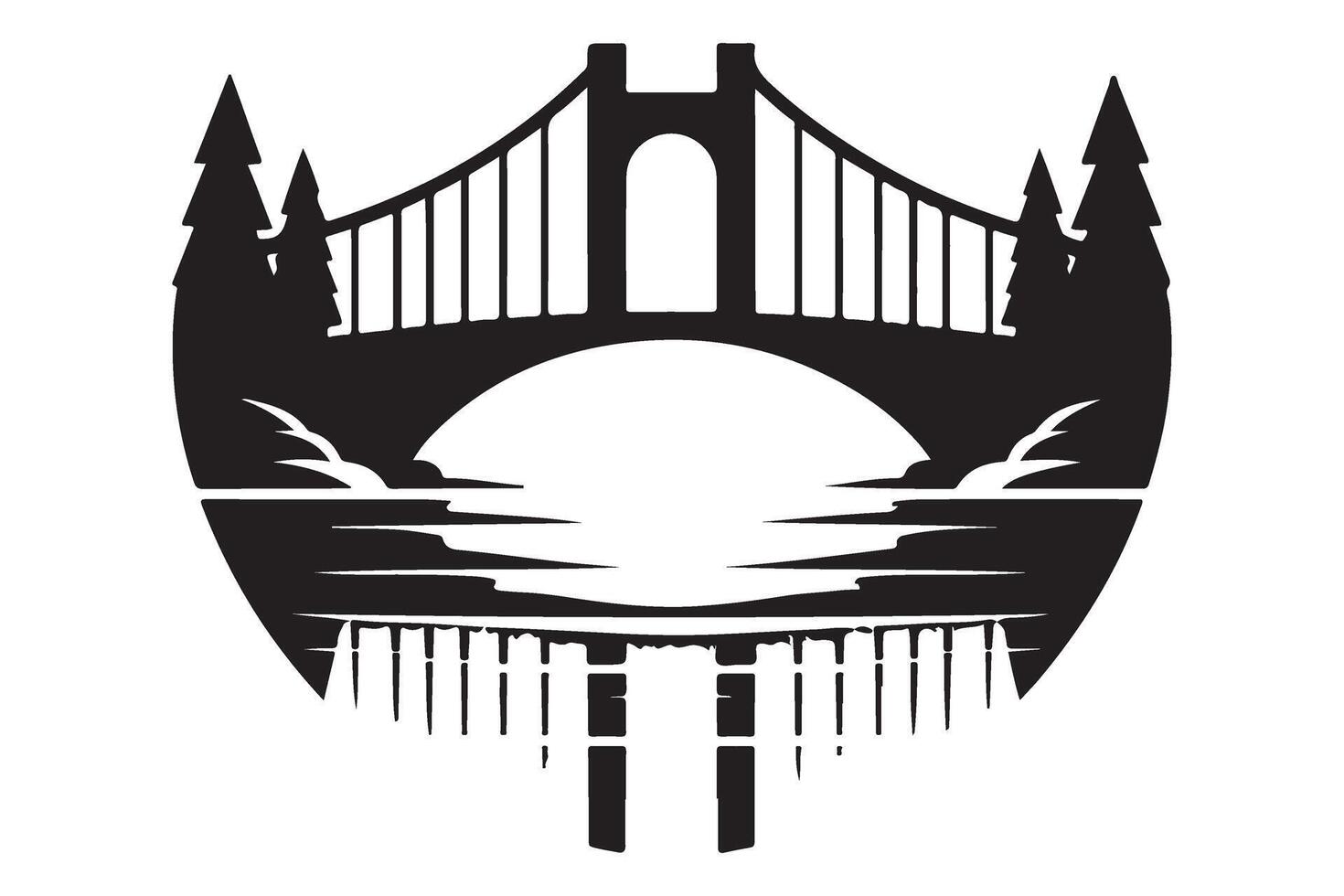 Lake Reflection Bridge Illustration Artwork Design with Trees vector