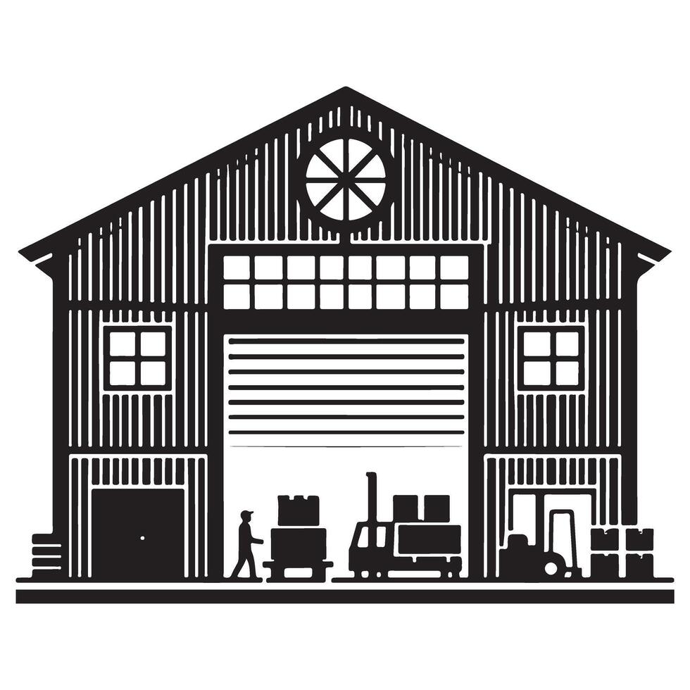 Silhouette Illustration of a Warehouse with Forklifts and Boxes vector