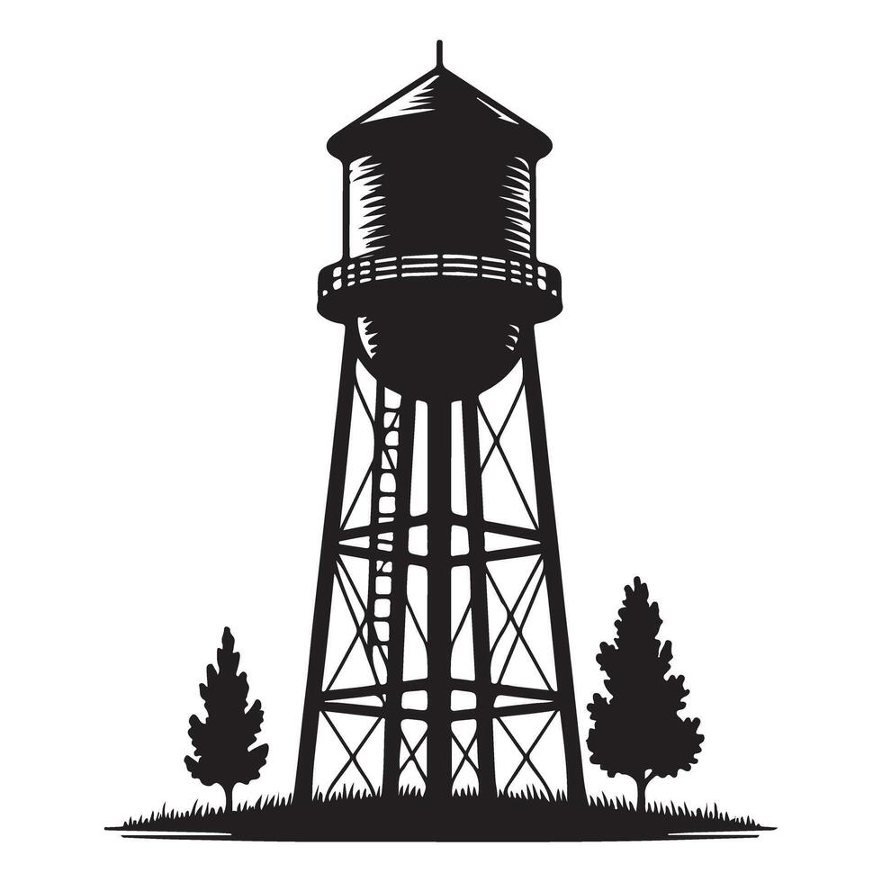 Rustic Water Tower Silhouette Illustration Art Landscape vector