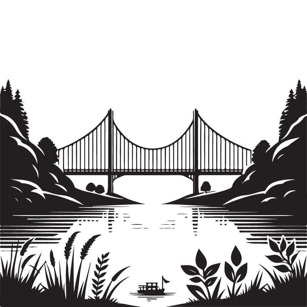 Scenic Bridge Landscape Illustration Black and White Graphic vector