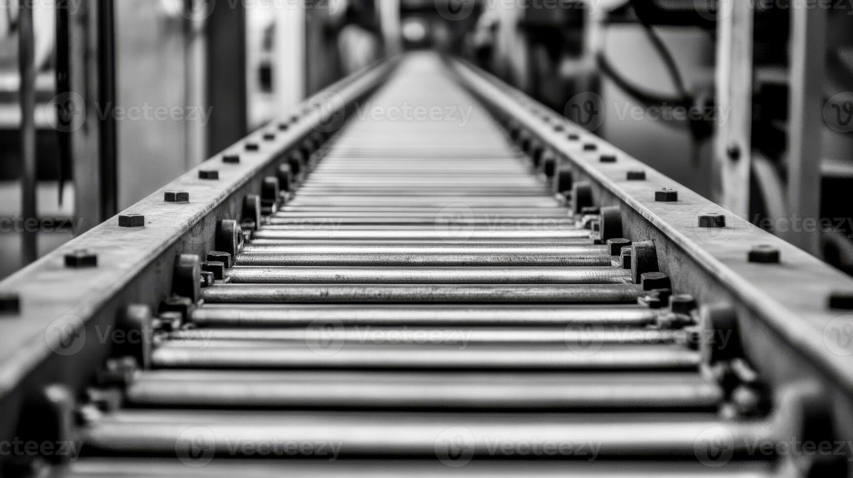 Industrial conveyor belt focused perspective in monochrome for manufacturing design. Conveyor Belt on a Modern Factory photo
