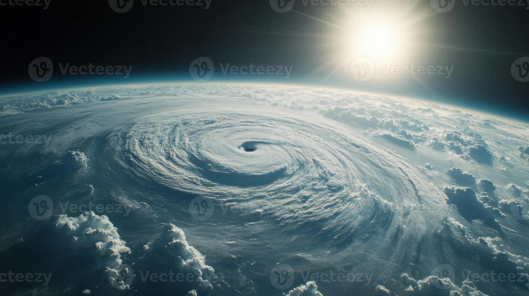 Earth's curvature and swirling hurricane, realistic satellite weather imagery. View from space photo