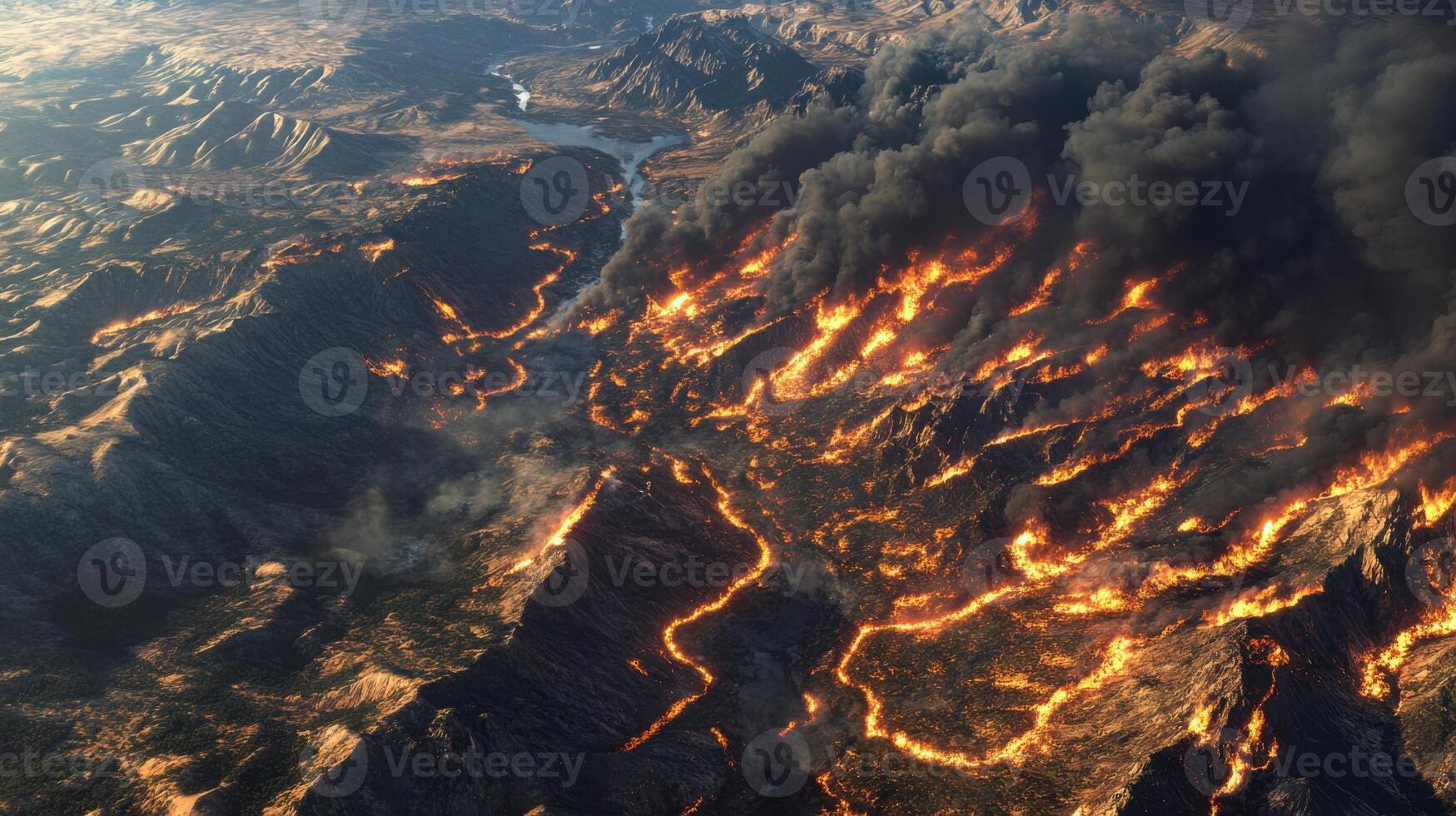Earth's natural landscape and spreading wildfires, photorealistic space imagery. View from space photo
