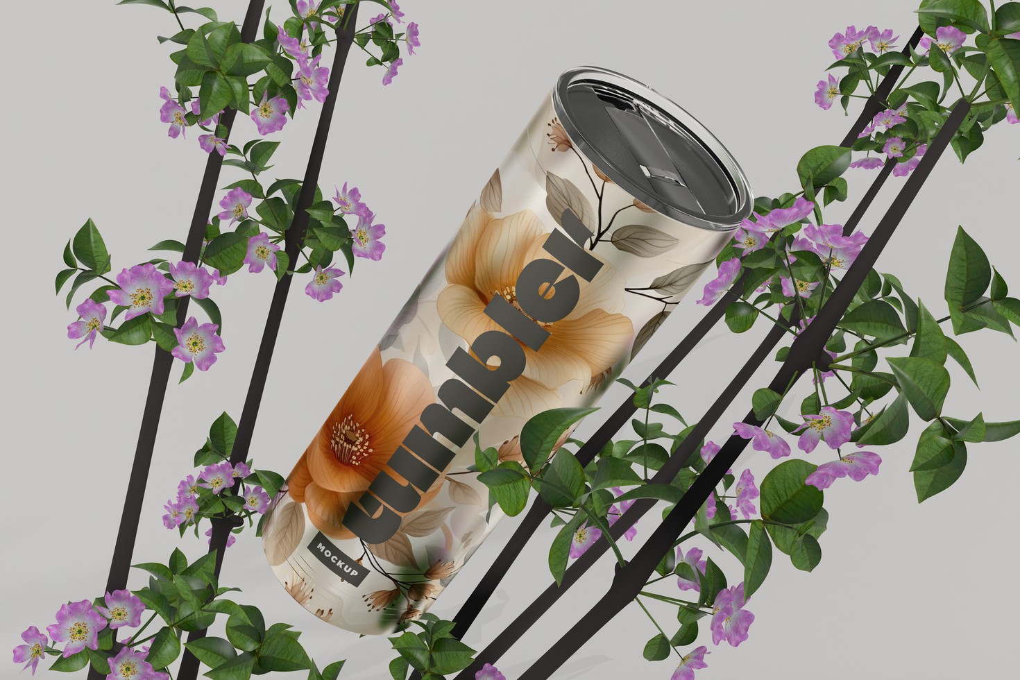Tumbler Drinking Jar Mockup with flowers and green leaves psd
