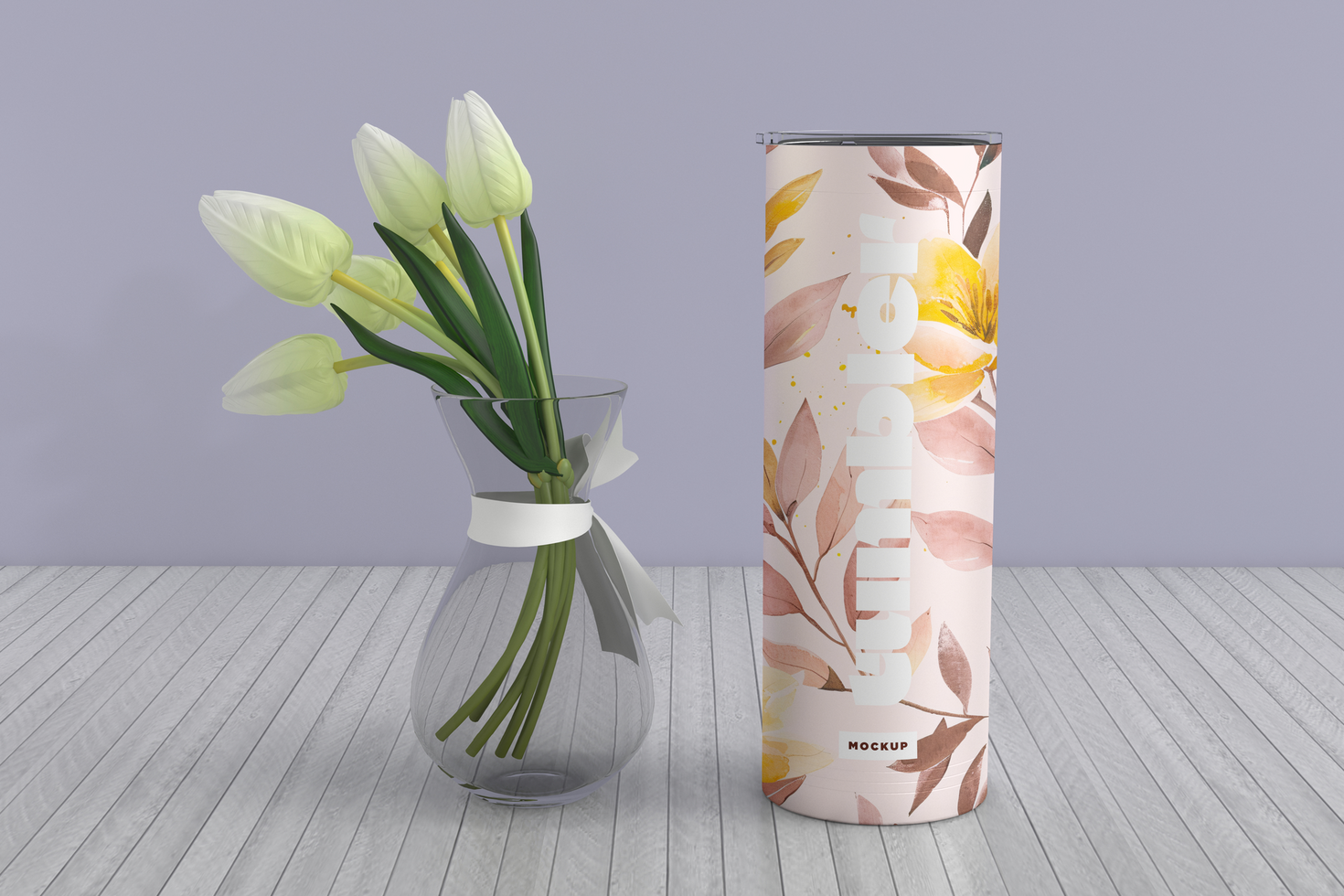 Tumbler Drinking Jar Mockup with flower and vase psd
