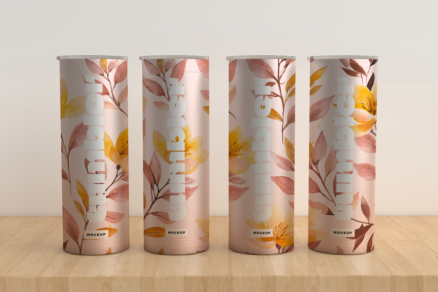 Tumbler Drinking four Jars Mockup on wooden table psd
