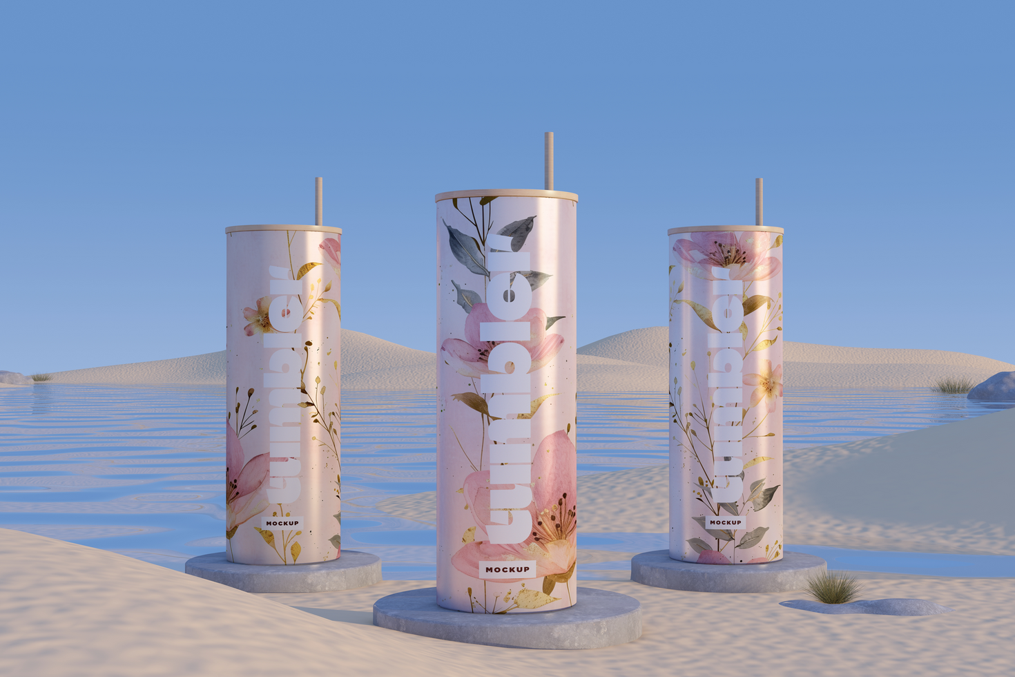 Tumbler Drinking three Jars Mockup Dessert Podium psd