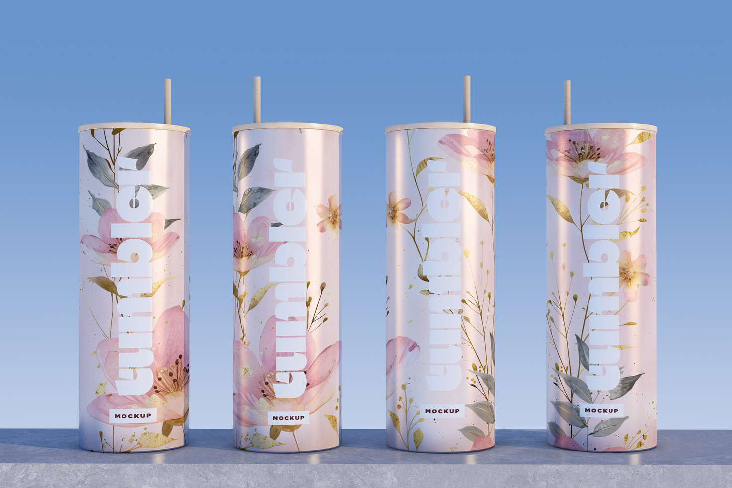 Tumbler Drinking Four Jars Mockup on marble table psd