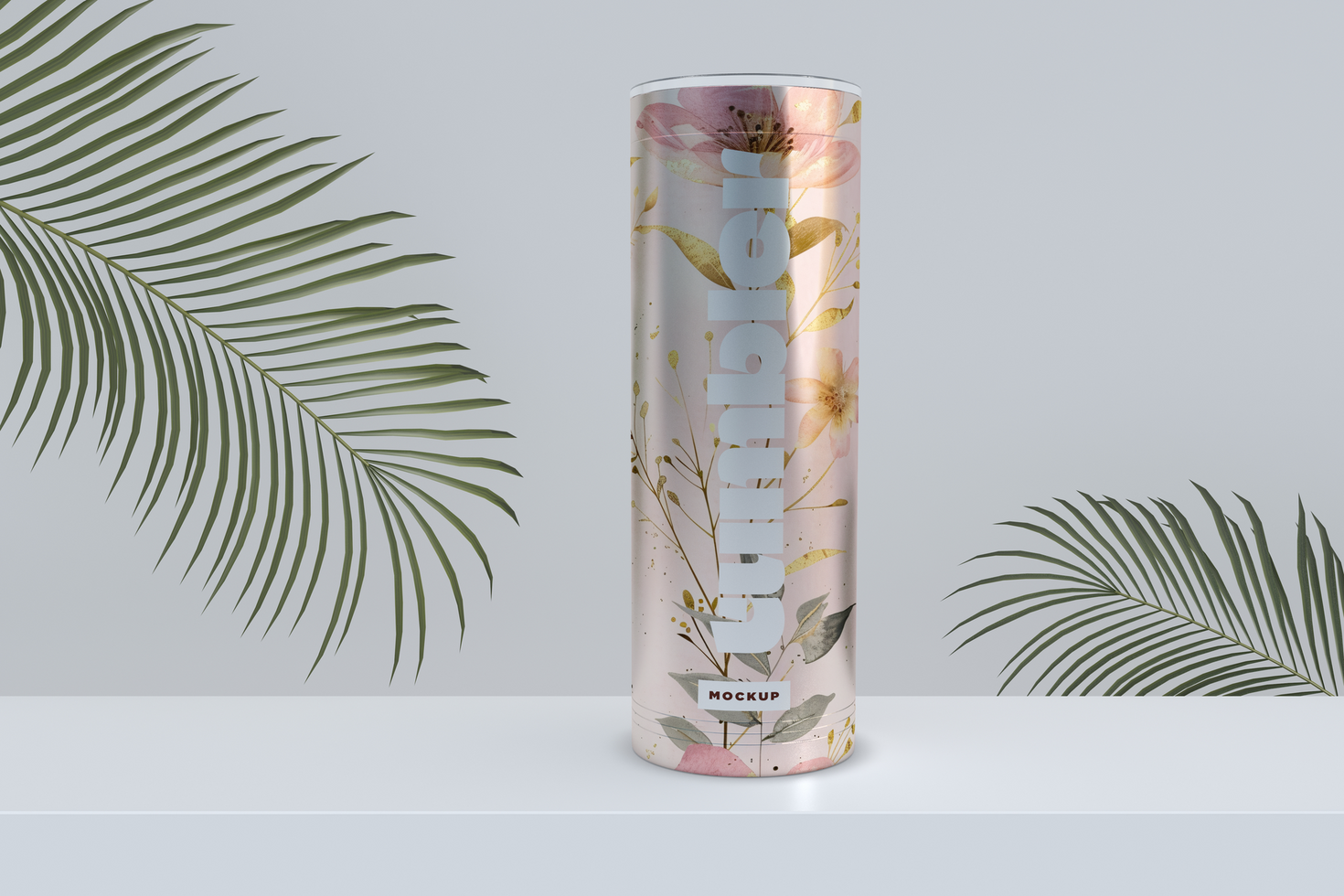 Tumbler Drinking Jar Mockup with green leavs psd
