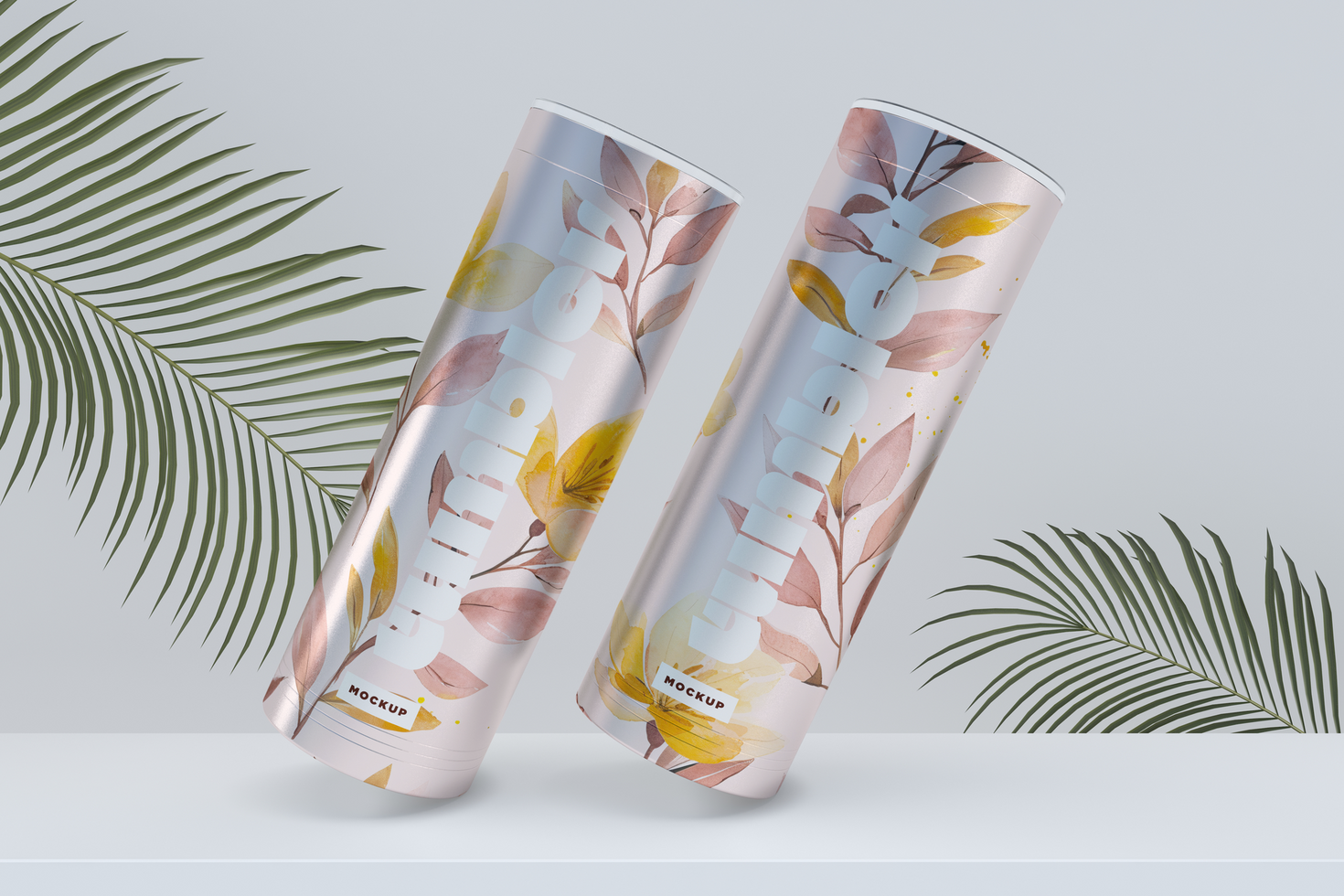 Tumbler Drinking Jar Mockup two with green leaves psd