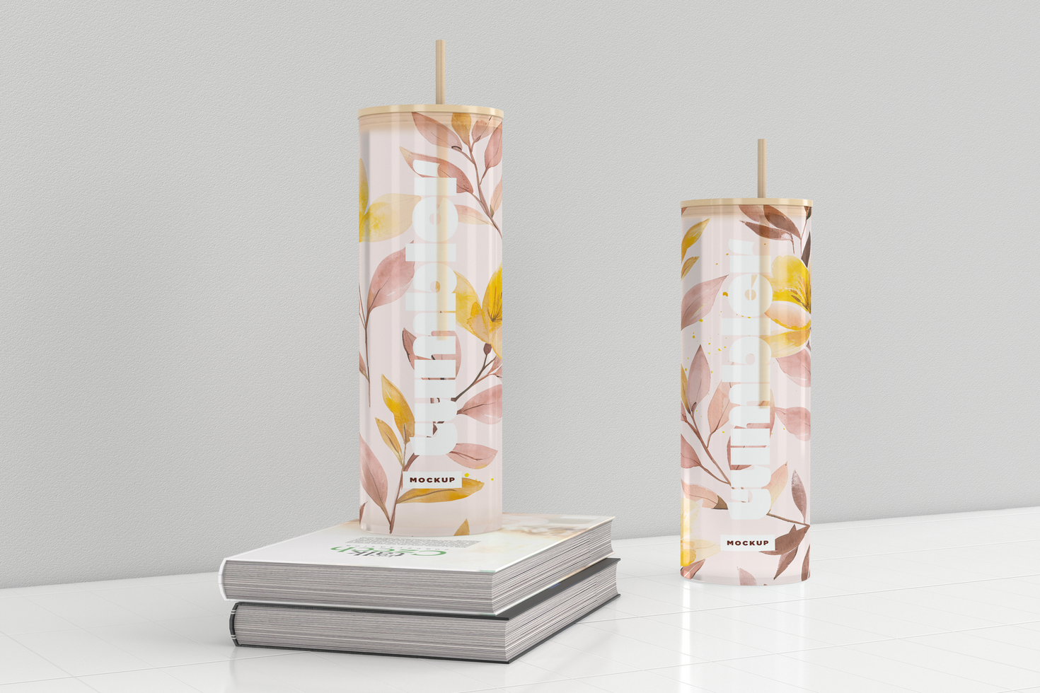 Two Tumbler Drinking Jar Mockup with books psd