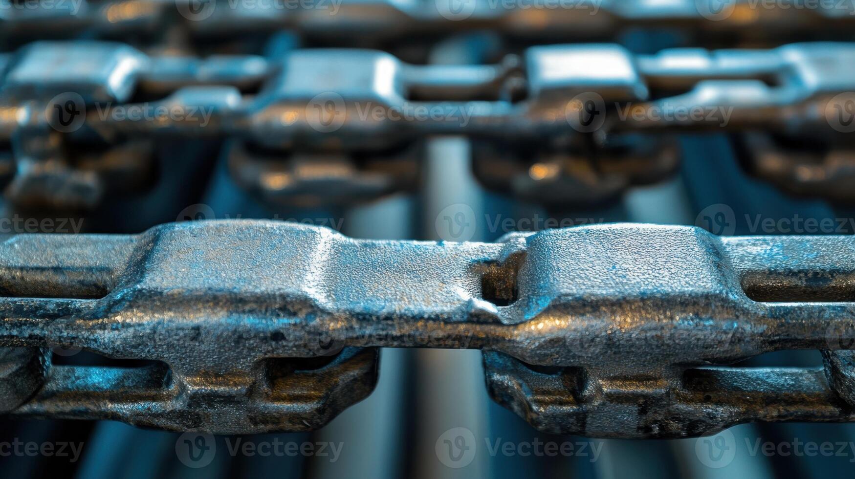 Metallic chain links in close-up for industrial design. Conveyor Belt on a Modern Factory photo