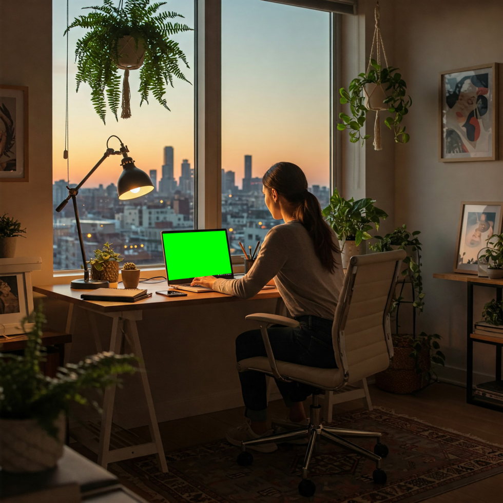 a woman sitting at a desk with a laptop and green screen psd