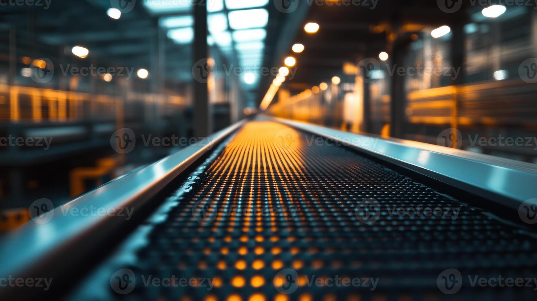 Industrial conveyor belt in factory setting with dramatic lighting. Conveyor Belt on a Modern Factory photo