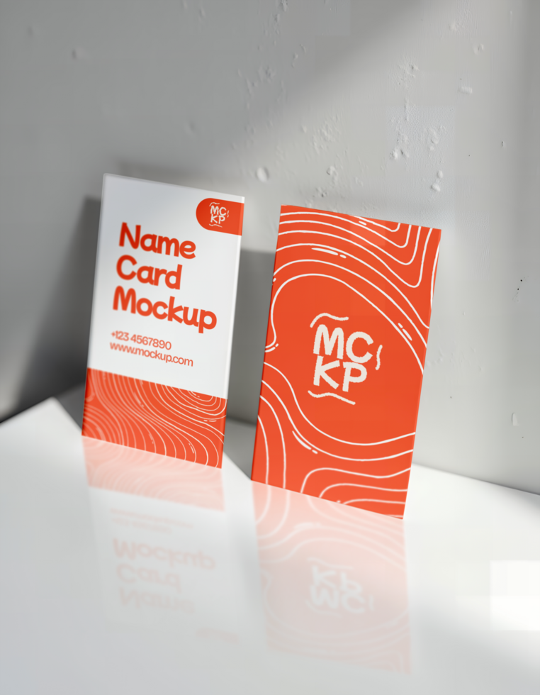 Two name card mockups display a clean design with an orange and white color scheme psd