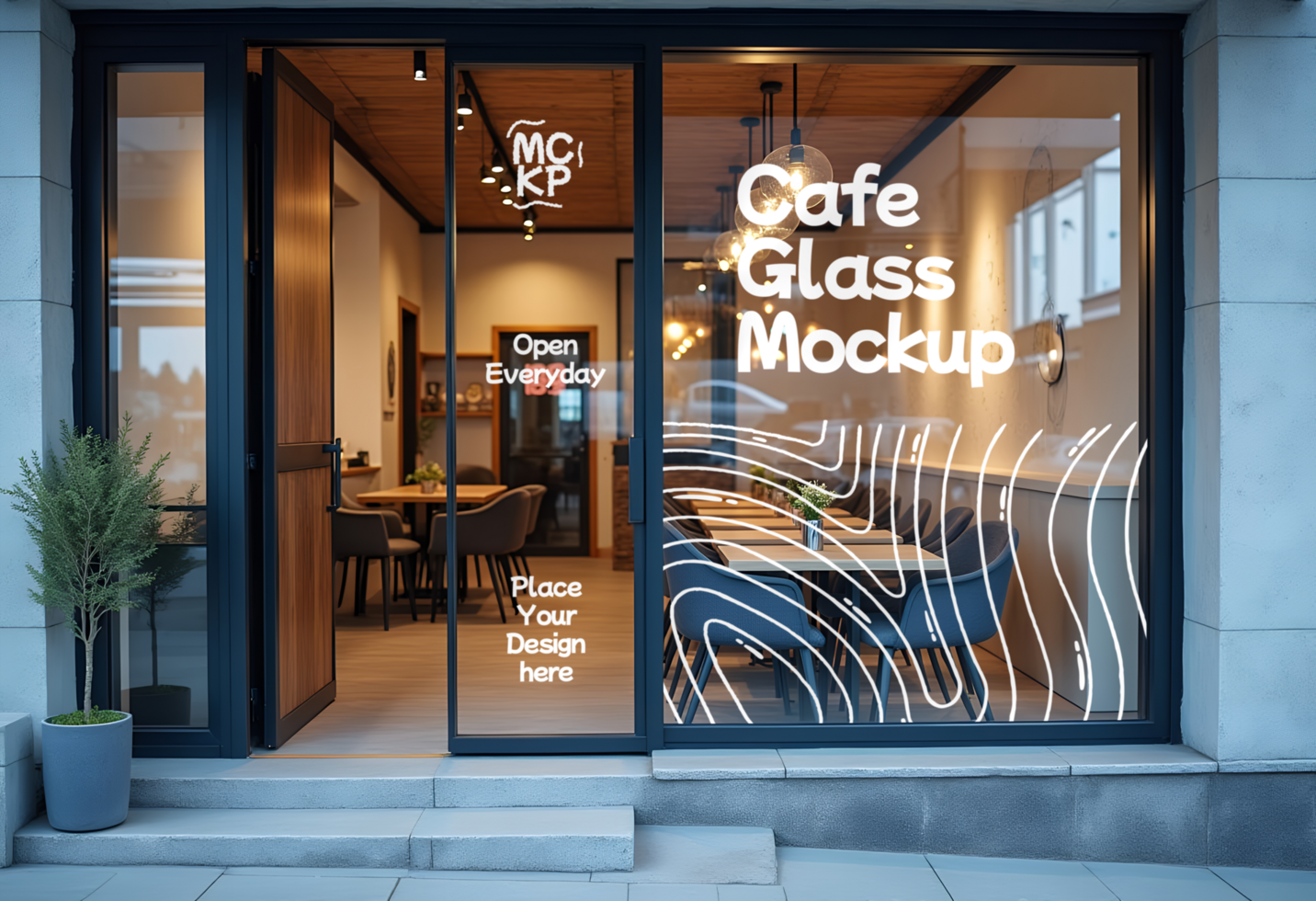 A cafe s glass storefront displays Cafe Glass Mockup with a design encouraging customers to place their design there it s open everyday psd