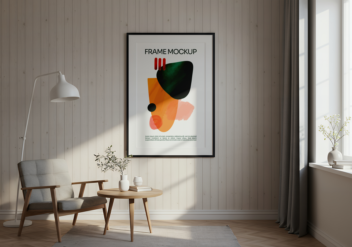 A minimalist living room features a framed abstract print above a comfortable armchair psd
