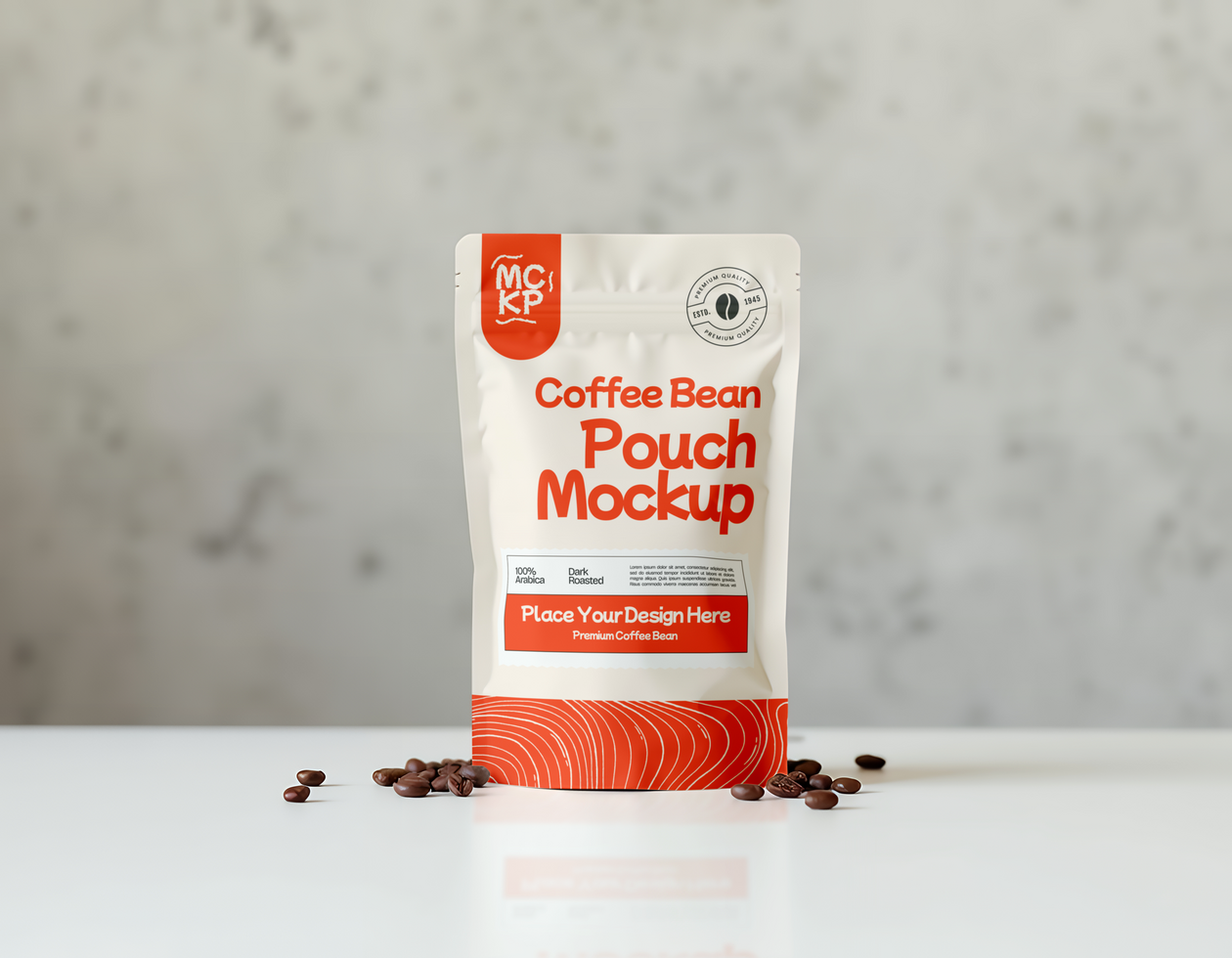 A coffee bean pouch mockup with scattered coffee beans in front psd