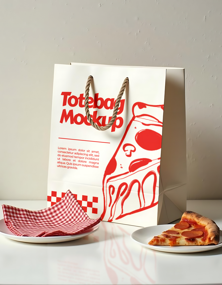 A tote bag mockup featuring a pizza design sits beside a slice of pizza and a checkered napkin psd