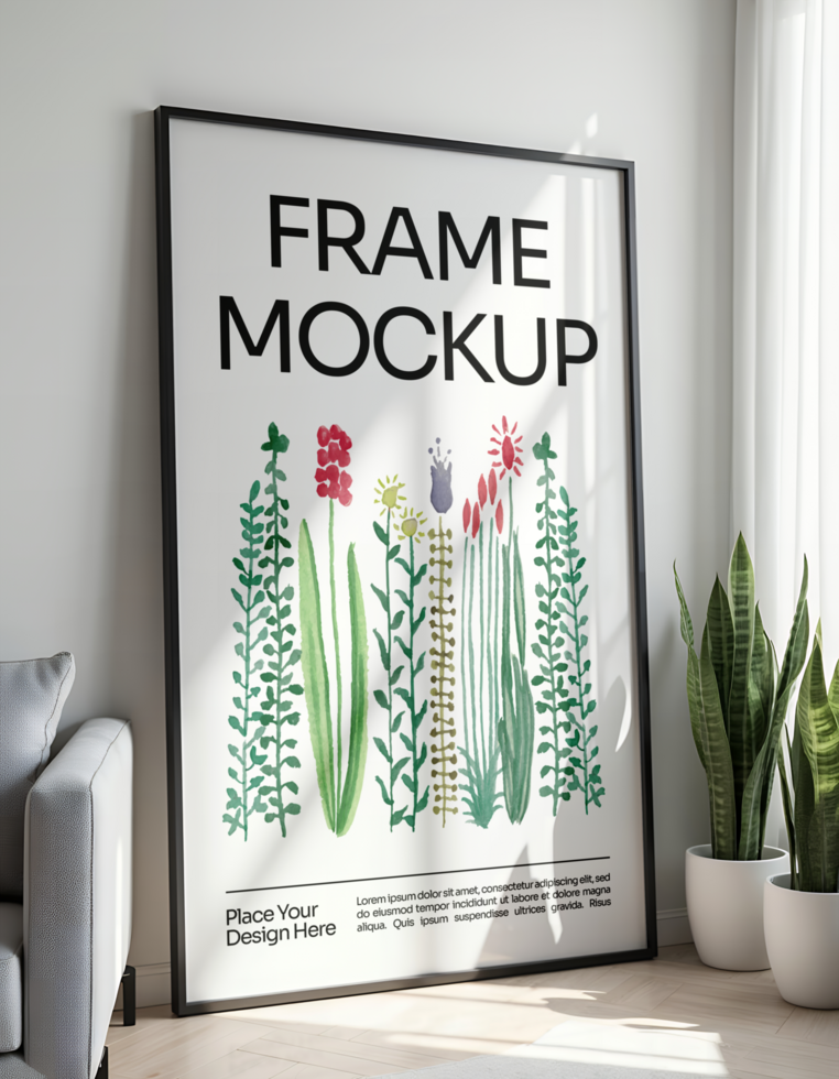 A black framed mockup featuring a watercolor painting of various flowers and plants psd